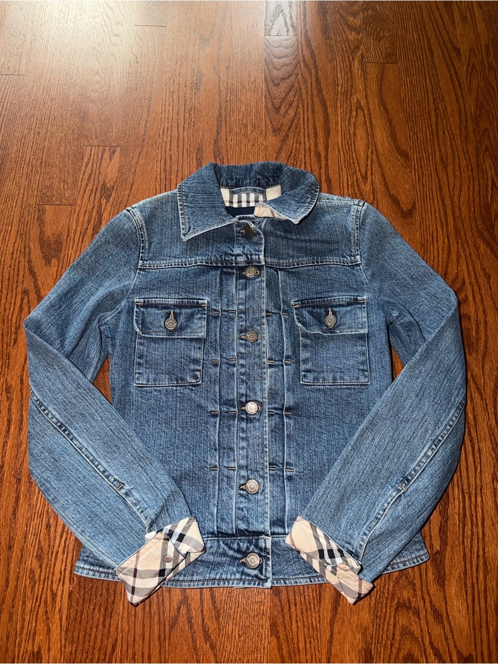 Burberry Blue Denim Jacket with Signature Check Size XS/S
